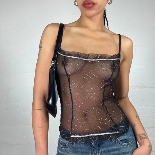 Vintage 2000's Night Out Mesh See Through Black Cami Top with Silver Shiny Print and Ruffled Trim (S)