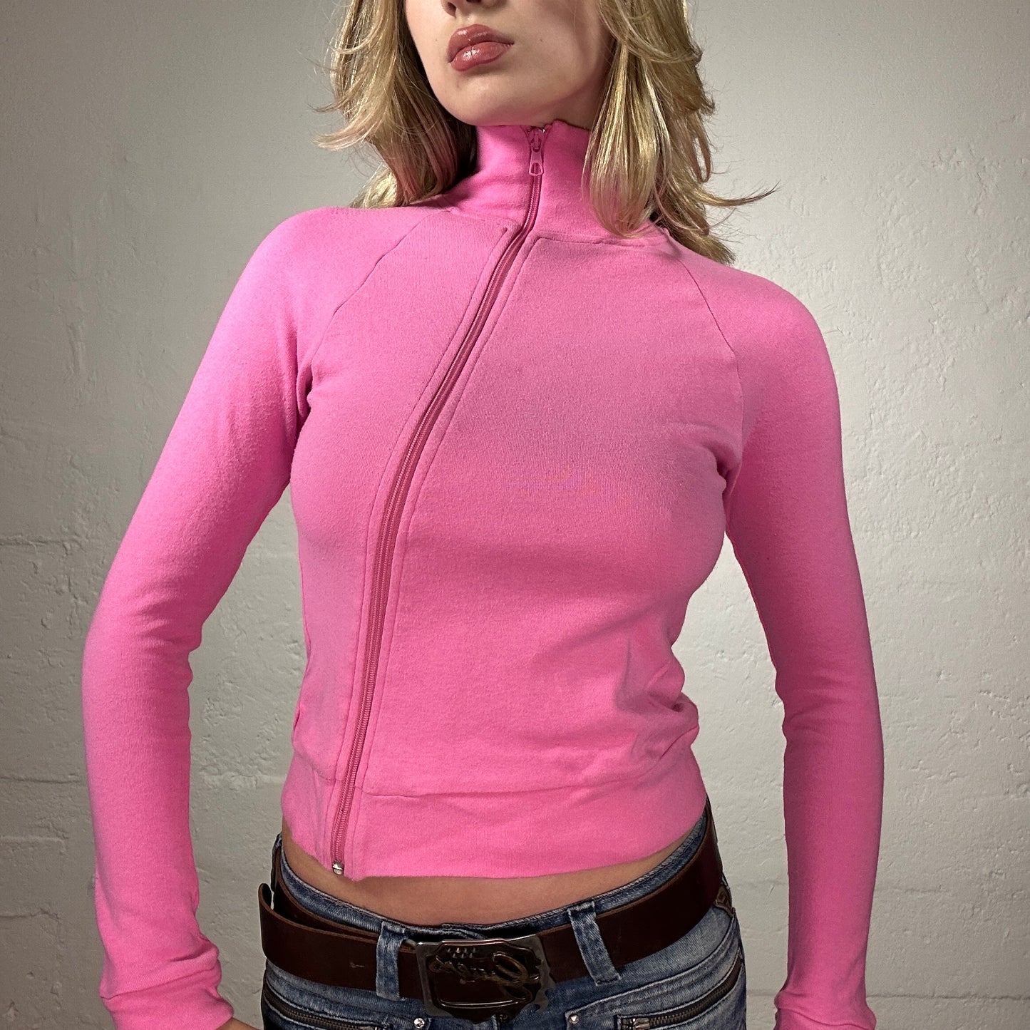 Vintage 2000's Cute Barbie Style Pink Longsleeve Asymmetric Zipper Turtleneck Pullover (M)