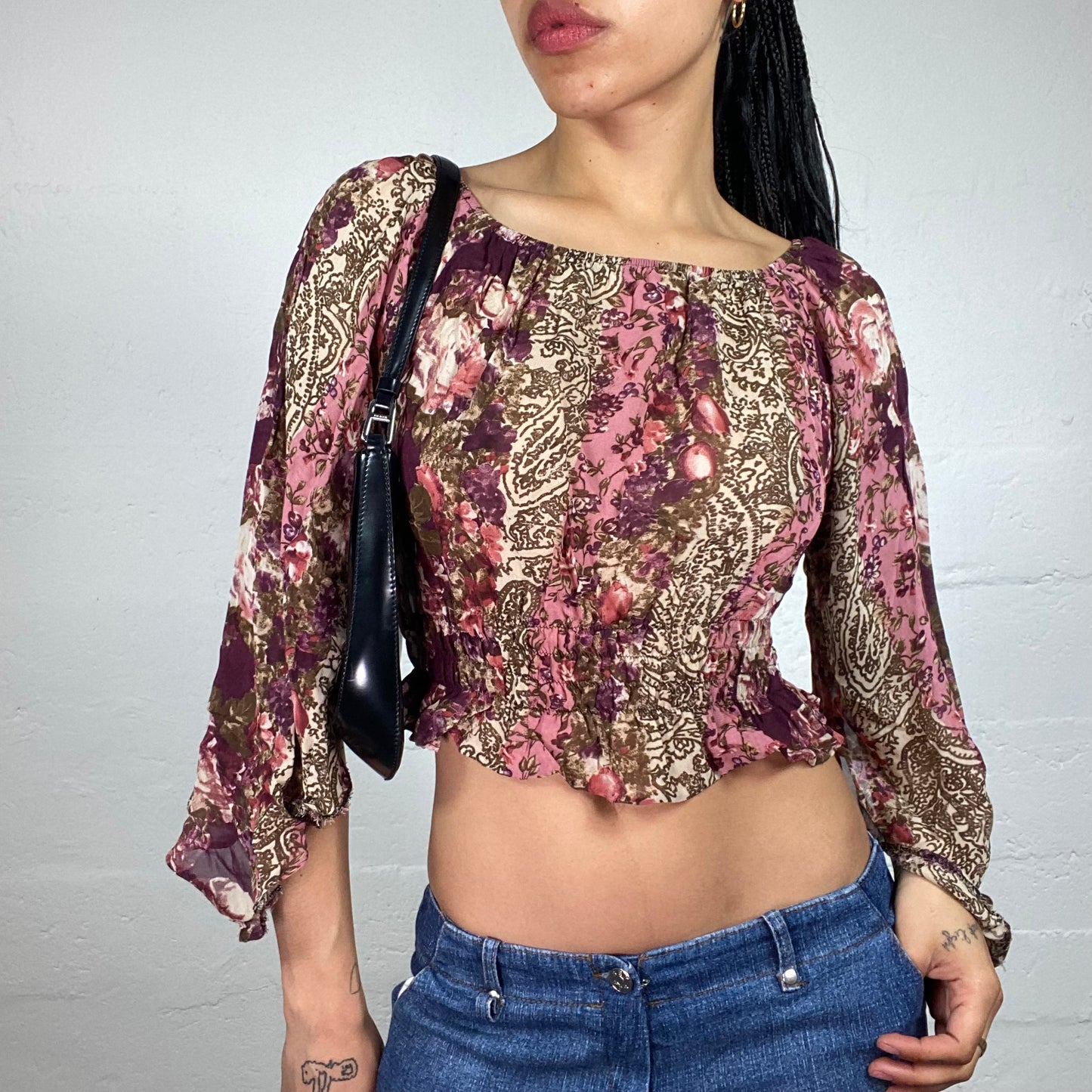 Vintage 2000's Soft Girl Boho Pink and Brown Printed Flare Sleeves Flowy Top (M)