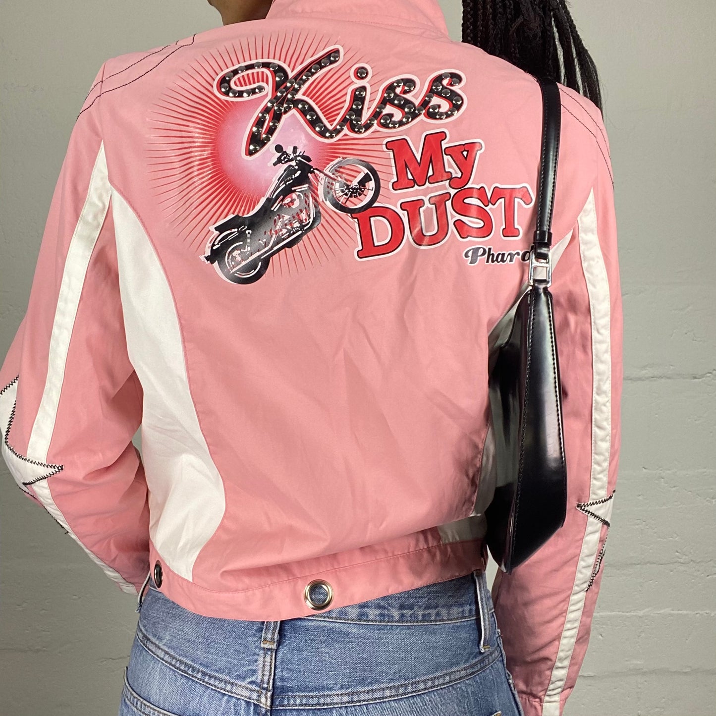 Vintage 2000's Phard Biker Girl Pink and White Zip Up Jacket with Kiss My Dust Back Print and Start Arm Patches (M)
