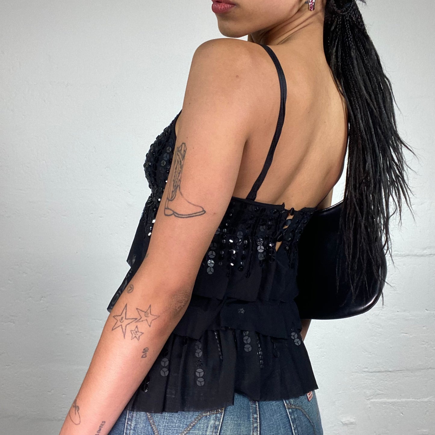 Vintage 2000's Liu Jo Clubwear Black Shiny Ruffled Layered Cami Top Covered in Silver Sequins (S)