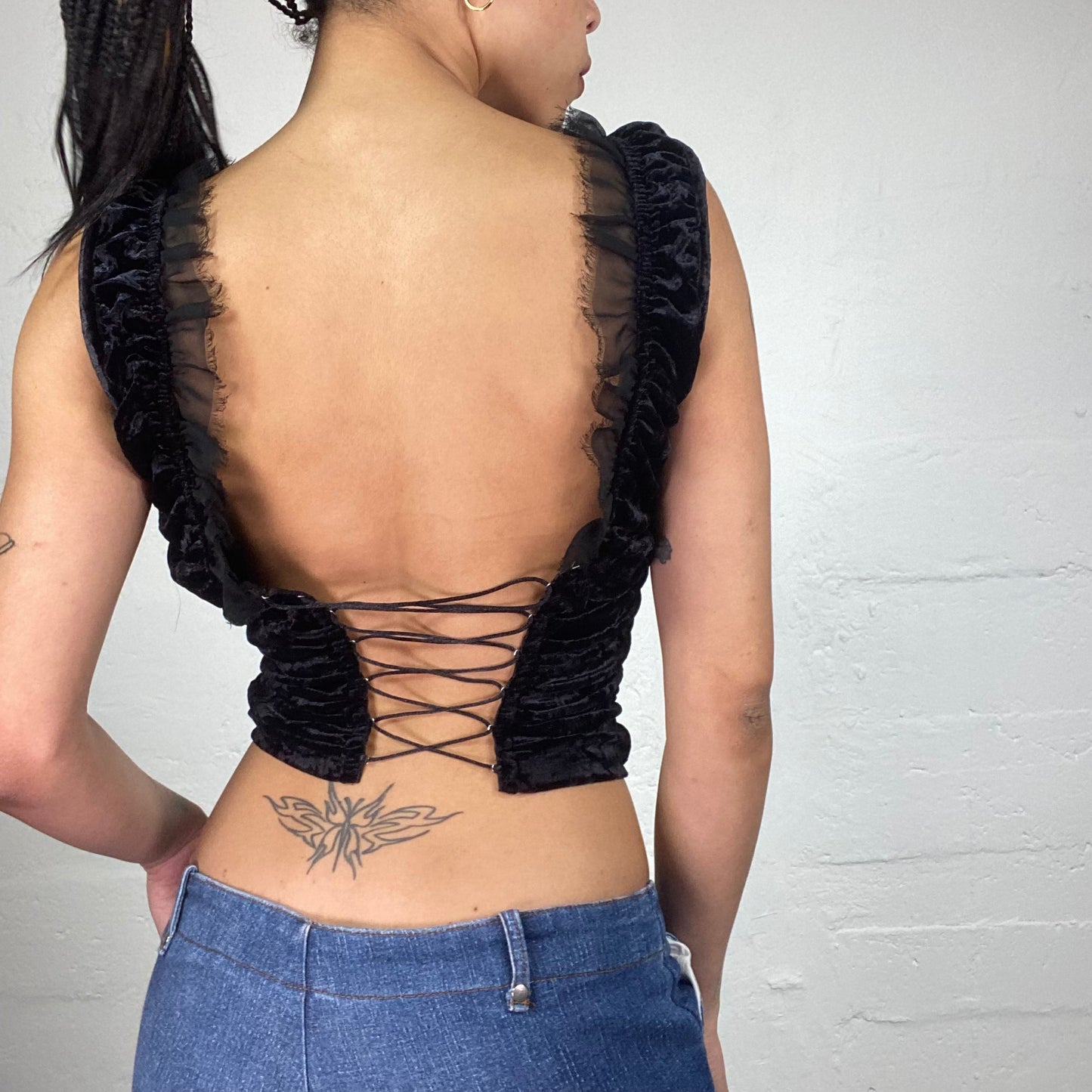 Vintage 2000's Morgan Gothic Black Velour Lace Up Top with Mesh Ruffled Details and Open Bag (S)