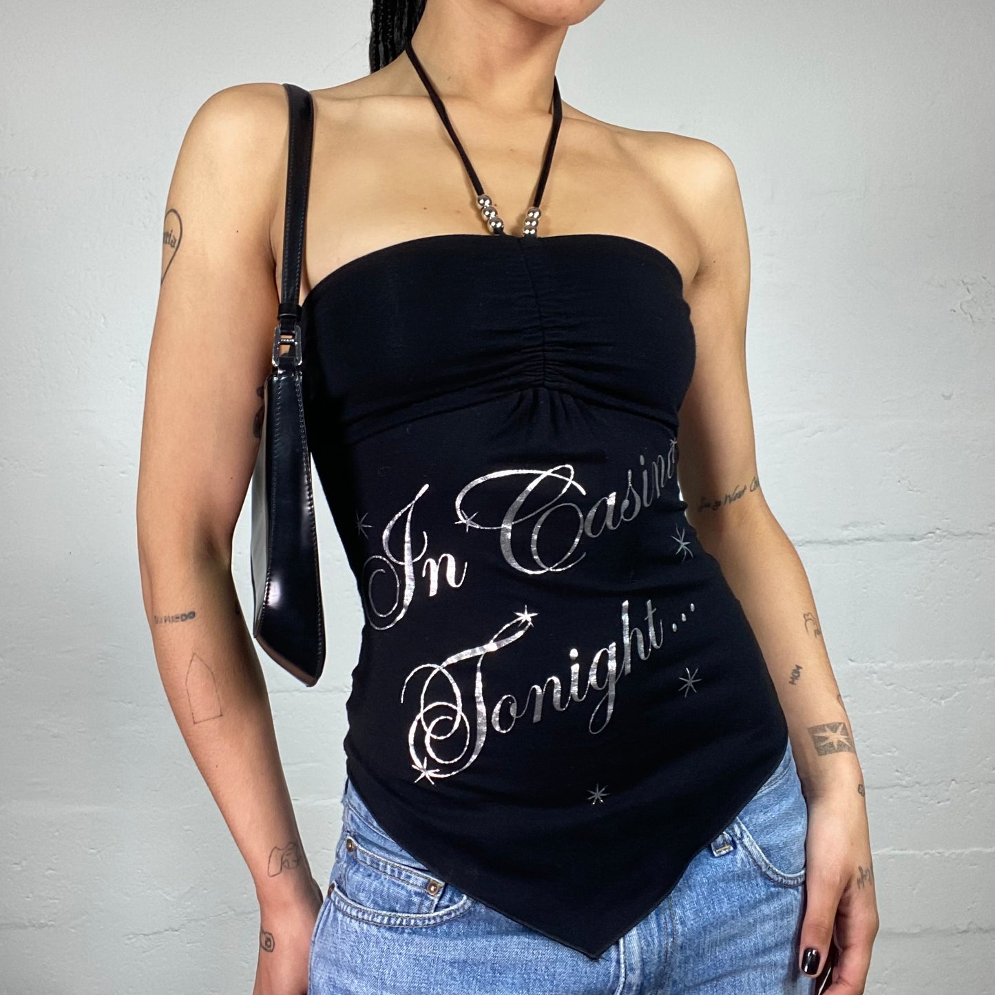 Vintage 2000's Clubwear Black Neckholder Top with Silver In Casino Tonight Print (S)