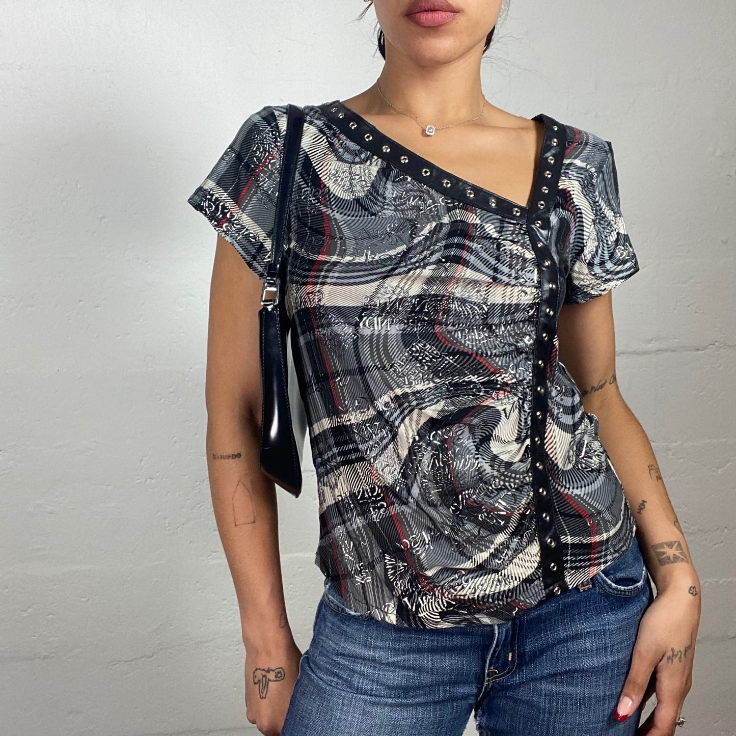 Vintage 2000's Downtown Girl Grey Abstract Print Short-Sleeved Top with Asymmetric Neck Cut and Eyelet Details (S)