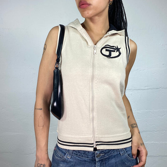 Vintage 2000's Sporty Beige Jersey Sleeveless Zip Up Hoodie with Black Details (S)