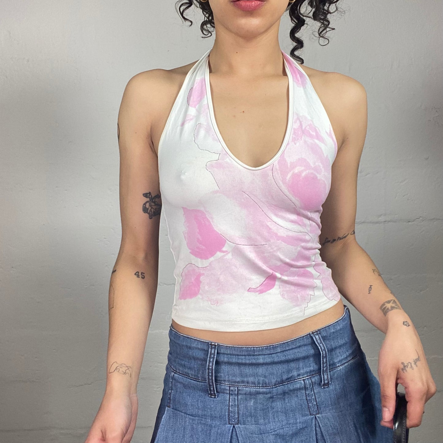 Vintage 2000's Cute Summer White Neckholder Top with Pink Floral Print (S)