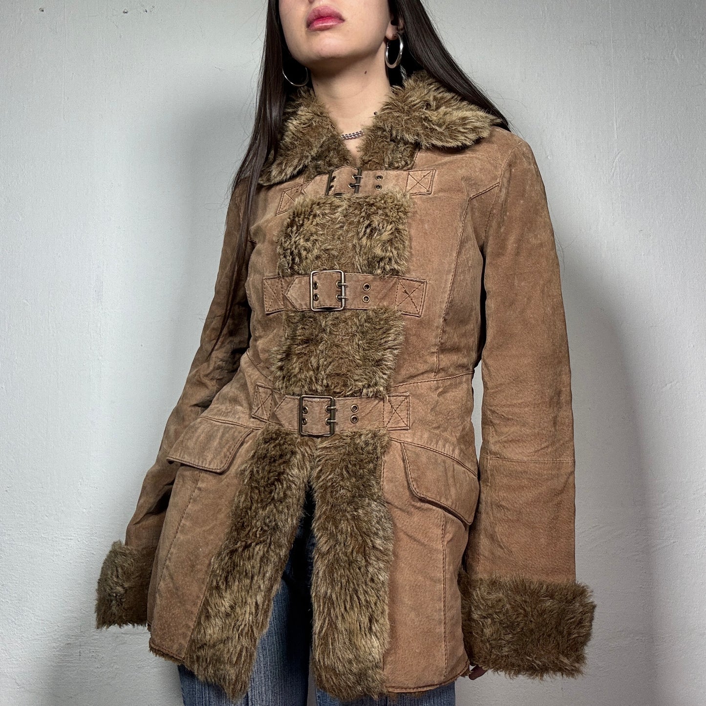 Vintage 90’s Archive Brown Faux Fur Trim Jacket with Belt Closings (S)