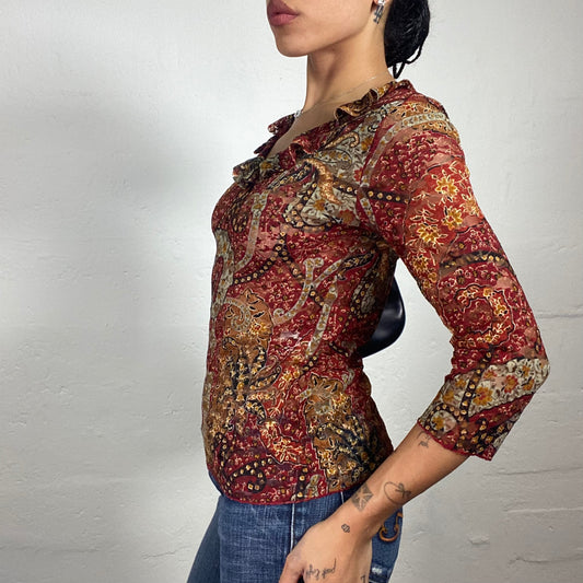 Vintage 2000's Boho Girl Warm Brown/Burgundy and Green Chiffon 3/4 Sleeves Printed Top (S)