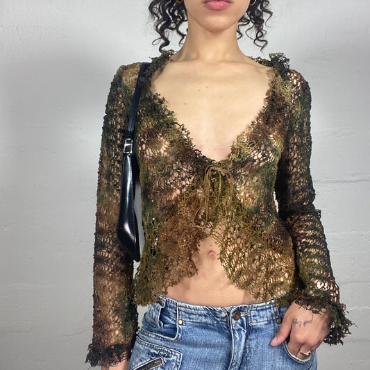 Vintage 2000's Forest Fairy Net Green and Brown Longsleeve Top with Front Binding (S)