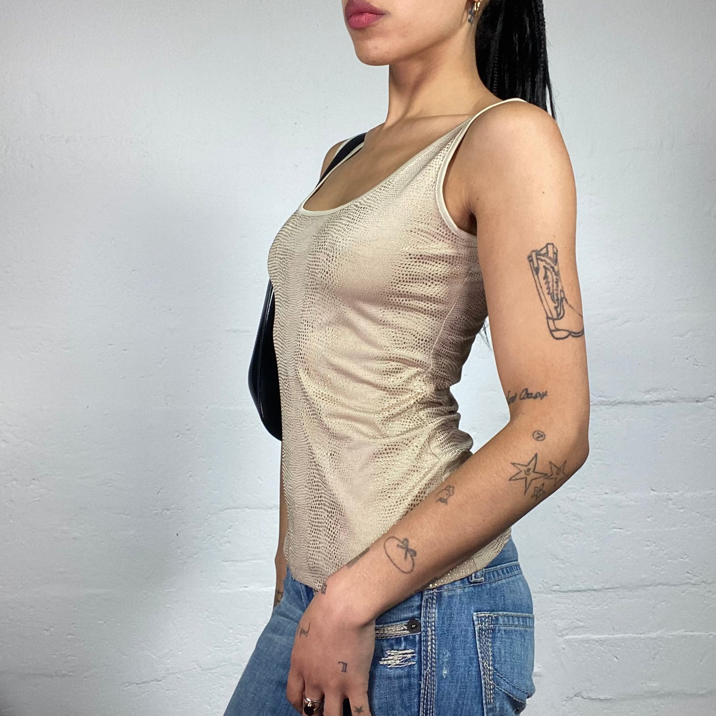 Vintage 2000's Cowgirl Beige Tank Top with Metal Dots Embroidery (S)