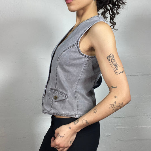 Vintage 2000's Hop-Hop Grey Denim Button Up Vest Top (S)