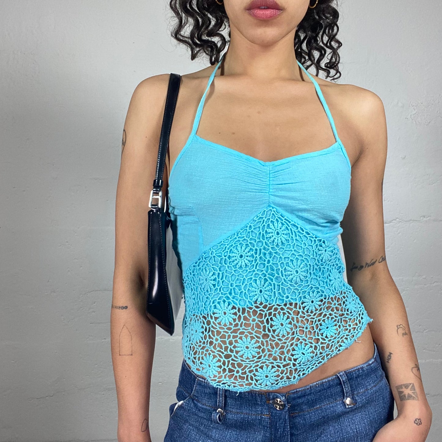 Vintage 2000's Summer Aquamarin Neckholder Top with Crochet Detail (S)