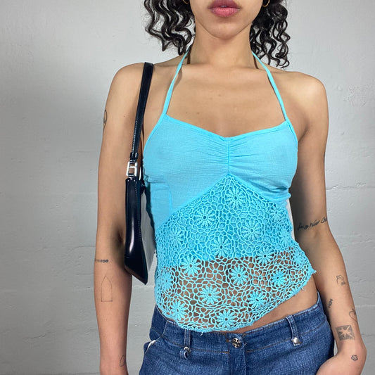 Vintage 2000's Summer Aquamarin Neckholder Top with Crochet Detail (S)