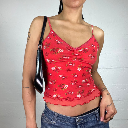Vintage 2000's Summer Coral Red Layered Floral Print Cami Top (S)