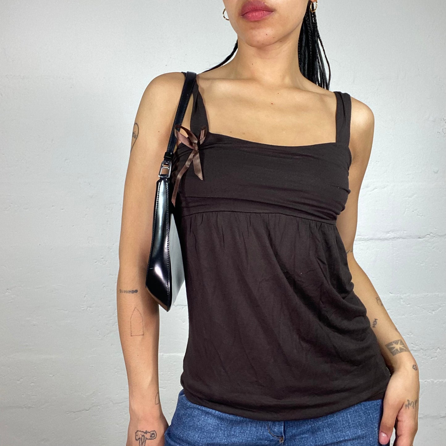 Vintage 2000's Downtown Girl Brown Draped Cami Top with Silky Brown Ribbon Detail (M)