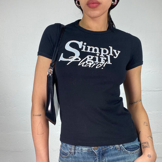 Vintage 2000's Downtown Girl Black Baby Tee with Simply Girl Typography White Print (M)