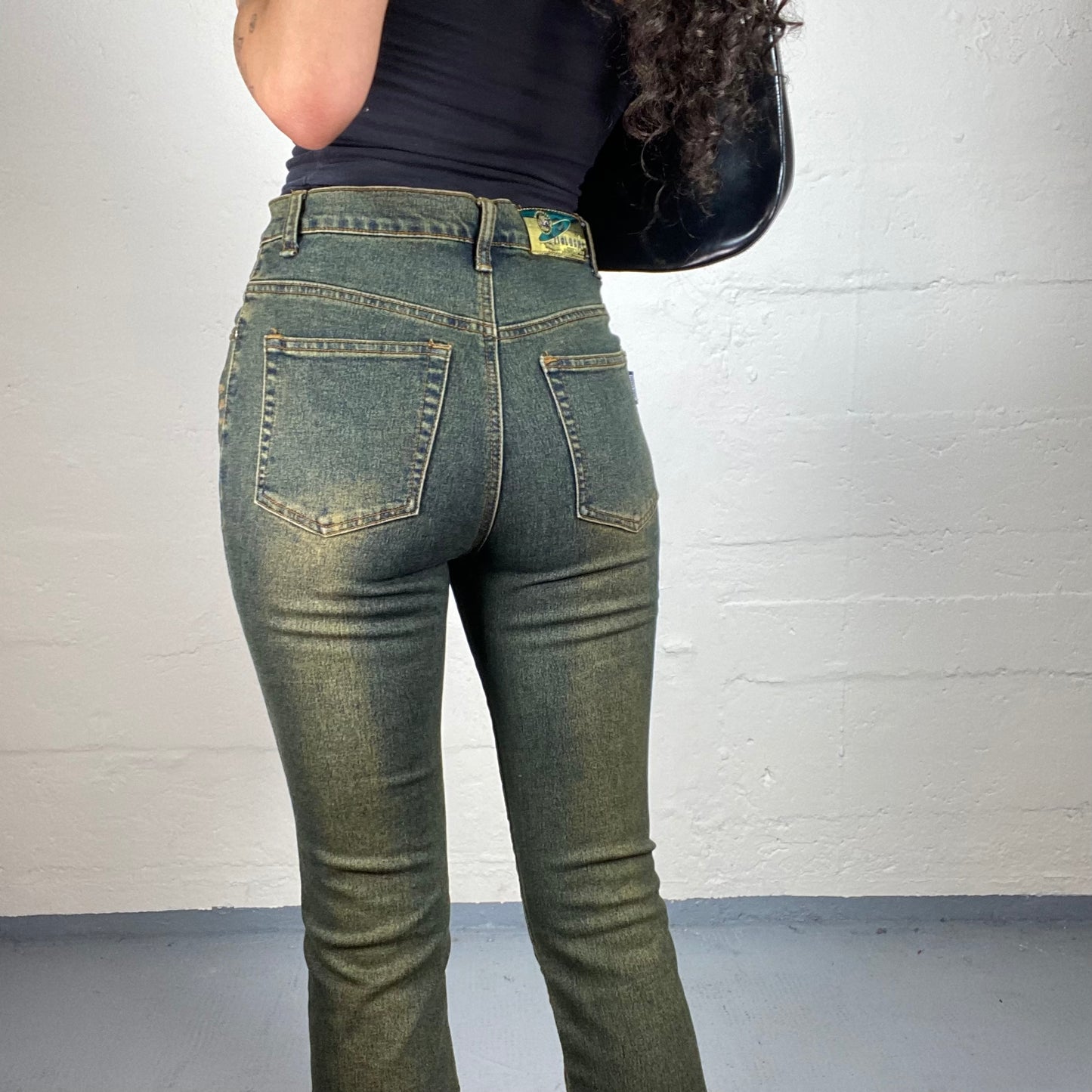 Vintage 2000's Cowgirl Green High Waisted Bootcut Jeans with Velour Animal Print (L)