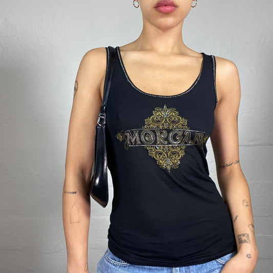 Vintage 2000's Archive Morgan Black Tank Top with Golden Shiny Logo Print and Matching Trim (S)