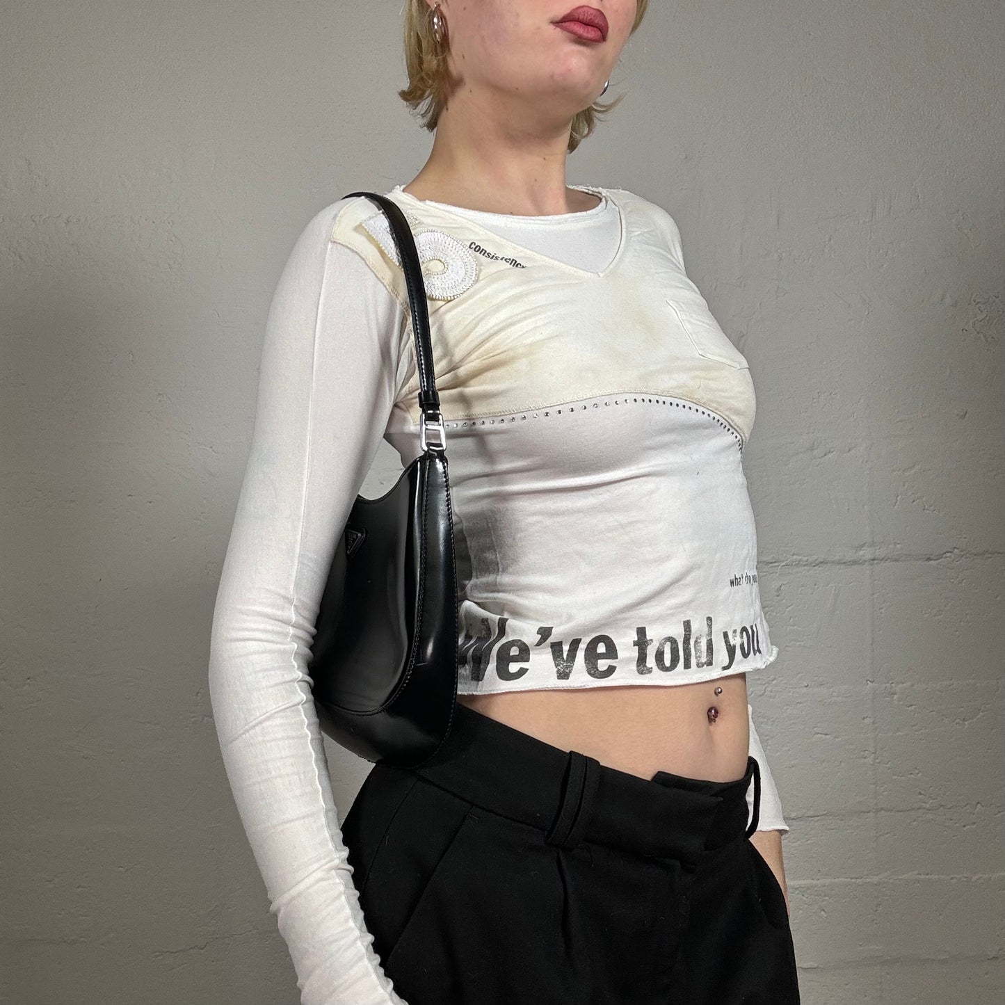 Vintage 2000's Sporty Chic White Longsleeve I’ve Told You Printed Top with Rhinestones (S)