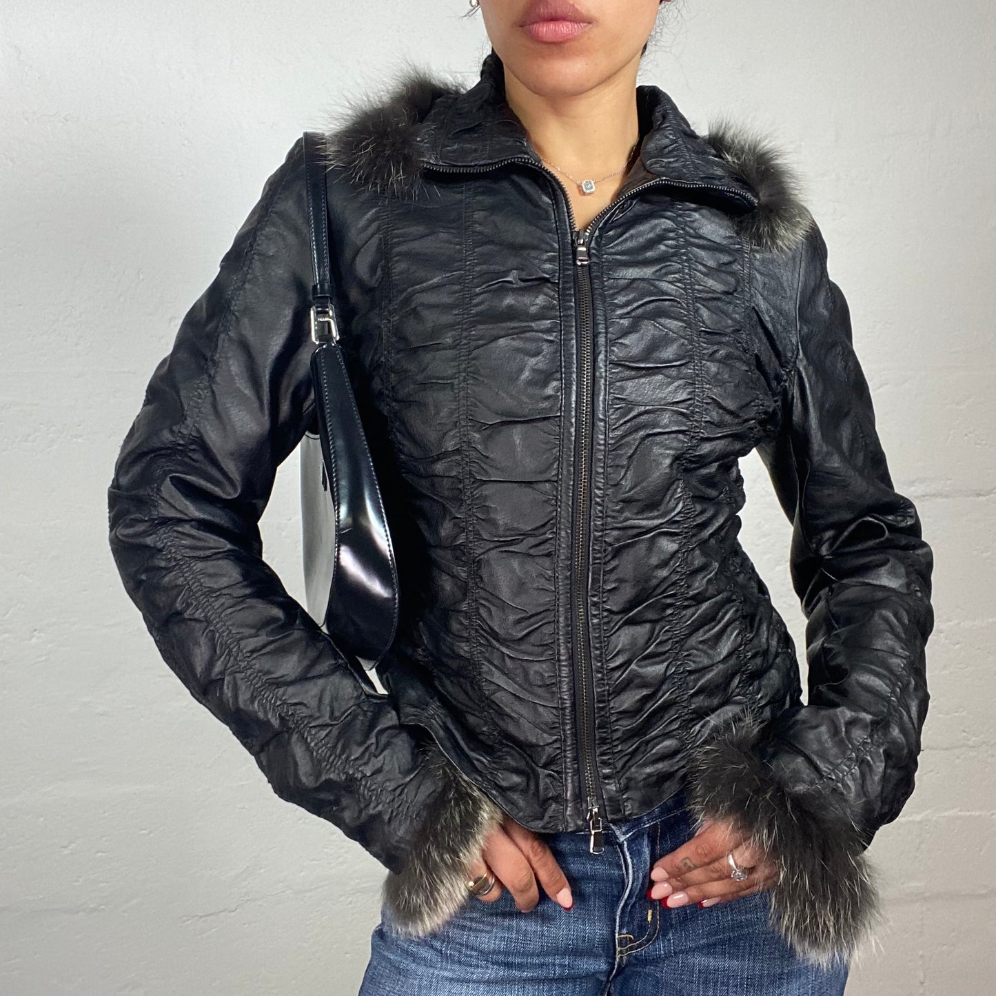 Vintage 2000's Downtown Girl Black Textured Leather Effect Zip Up Jacket with Fur Trim (S)