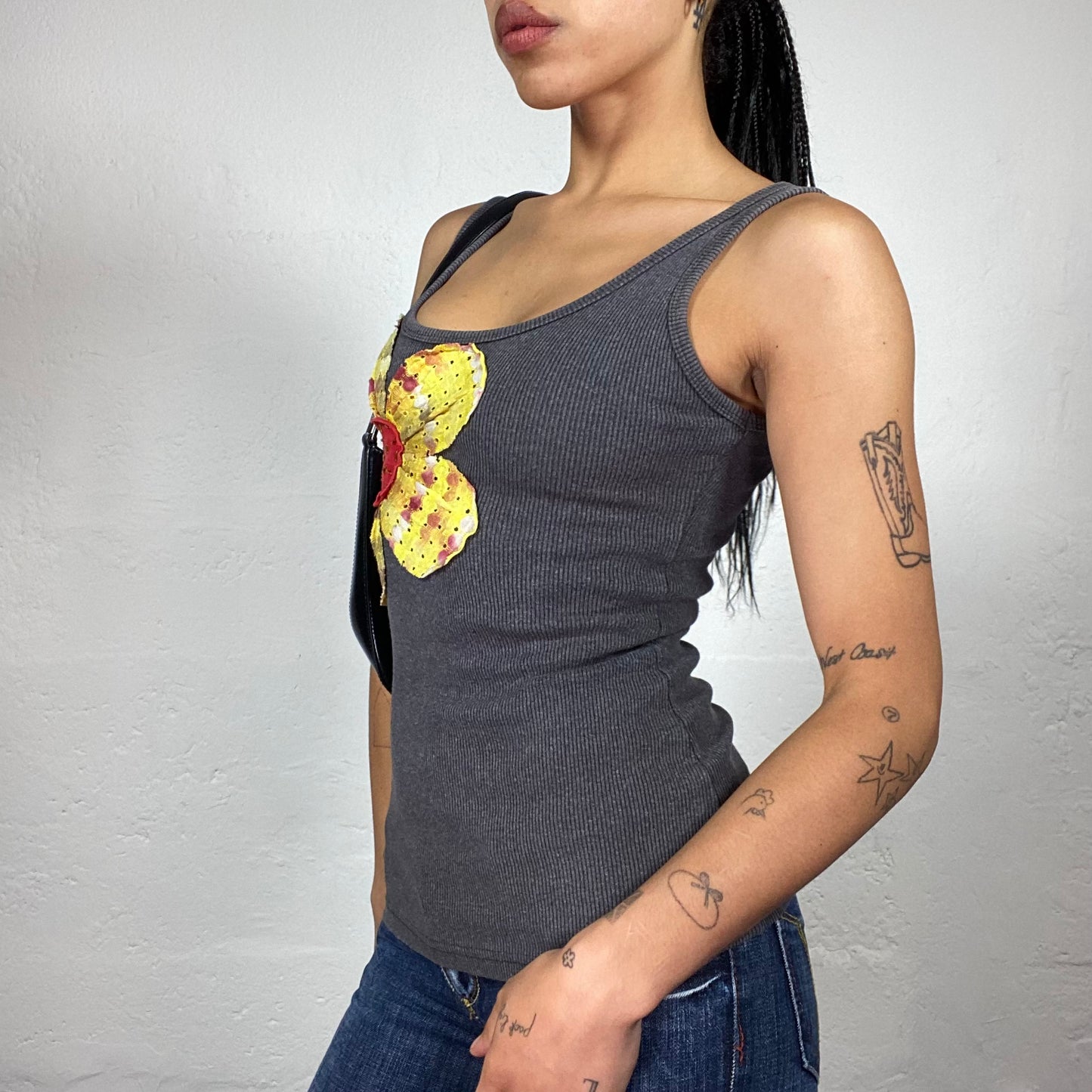 Vintage 2000's Downtown Girl Grey Jersey Tank Top With Yellow Printed Flower Embroidery (S)