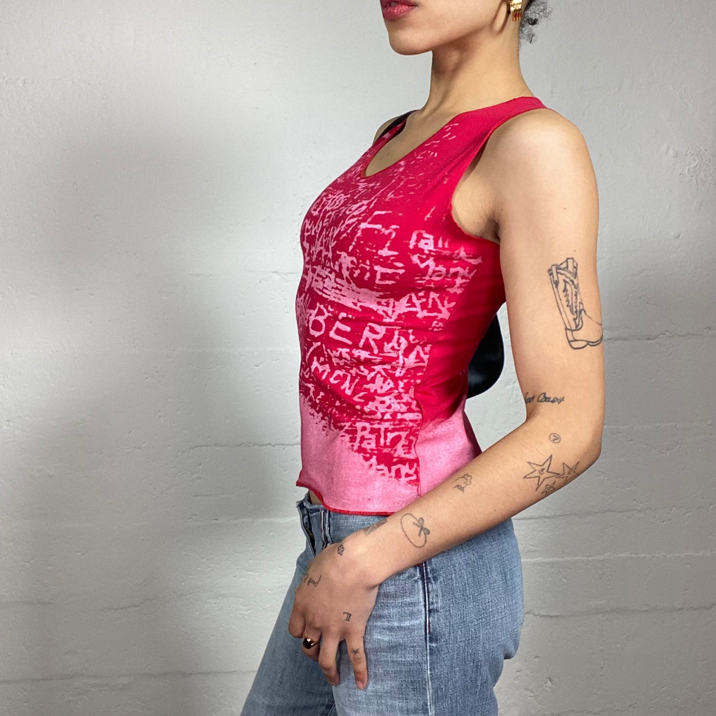 Vintage 2000's Pop Style Red and Pink Tank Top with Typography Print (S)