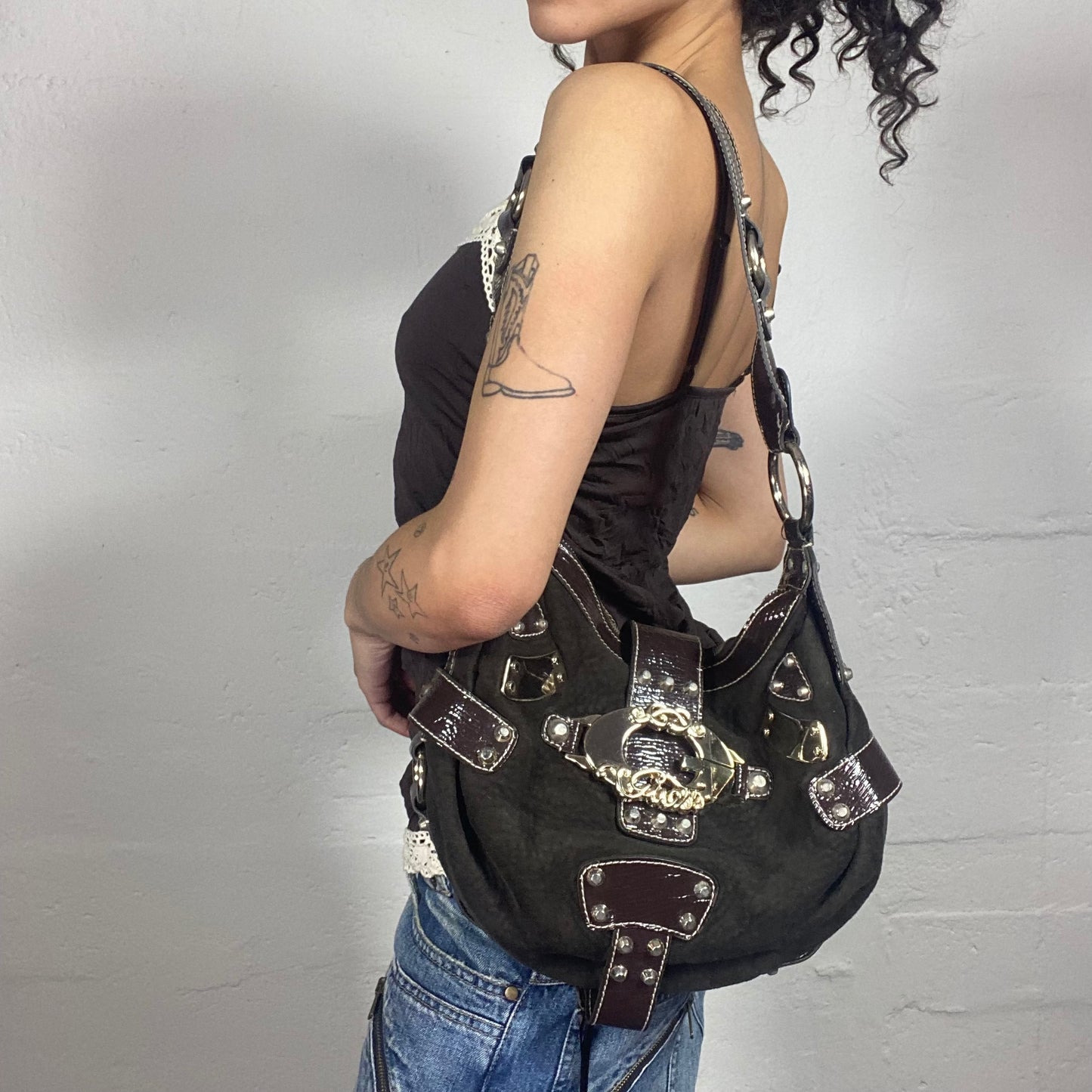 Vintage 2000's Glamorous Guess Brown Glossy Leather and Belts Details Shoulder Bag
