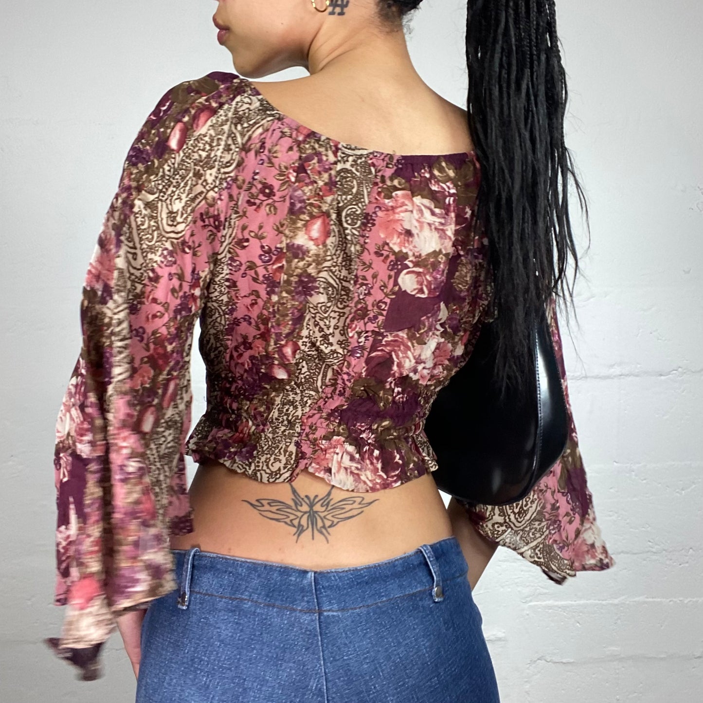 Vintage 2000's Soft Girl Boho Pink and Brown Printed Flare Sleeves Flowy Top (M)