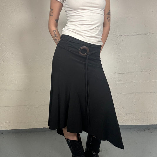 Vintage 2000's Boho Girl Black Asymmetric Midi Skirt with Wooden Ring Detail (XS)