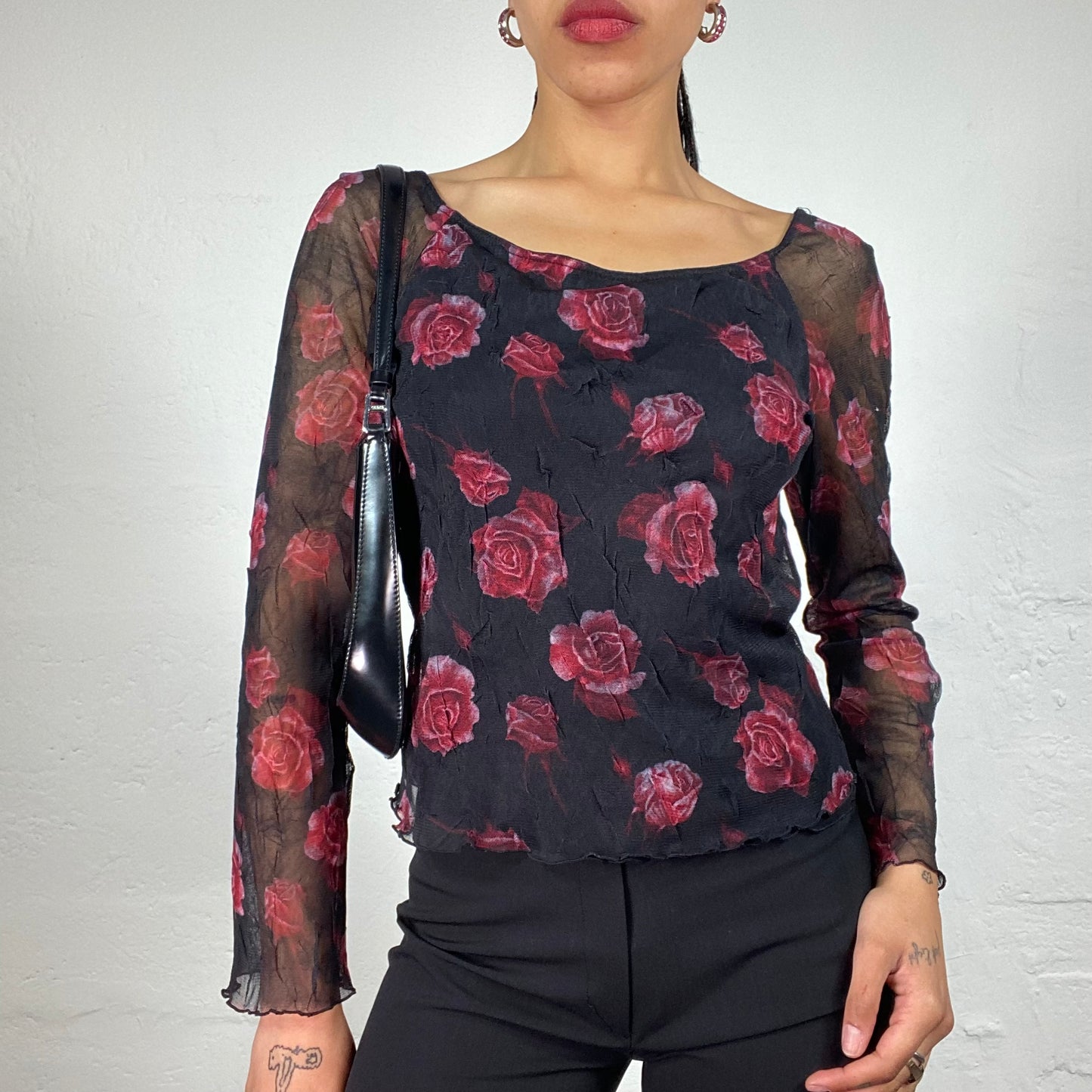 Vintage 2000's Romantic Black Chiffon Longsleeve Top with Red Roses Print (S)