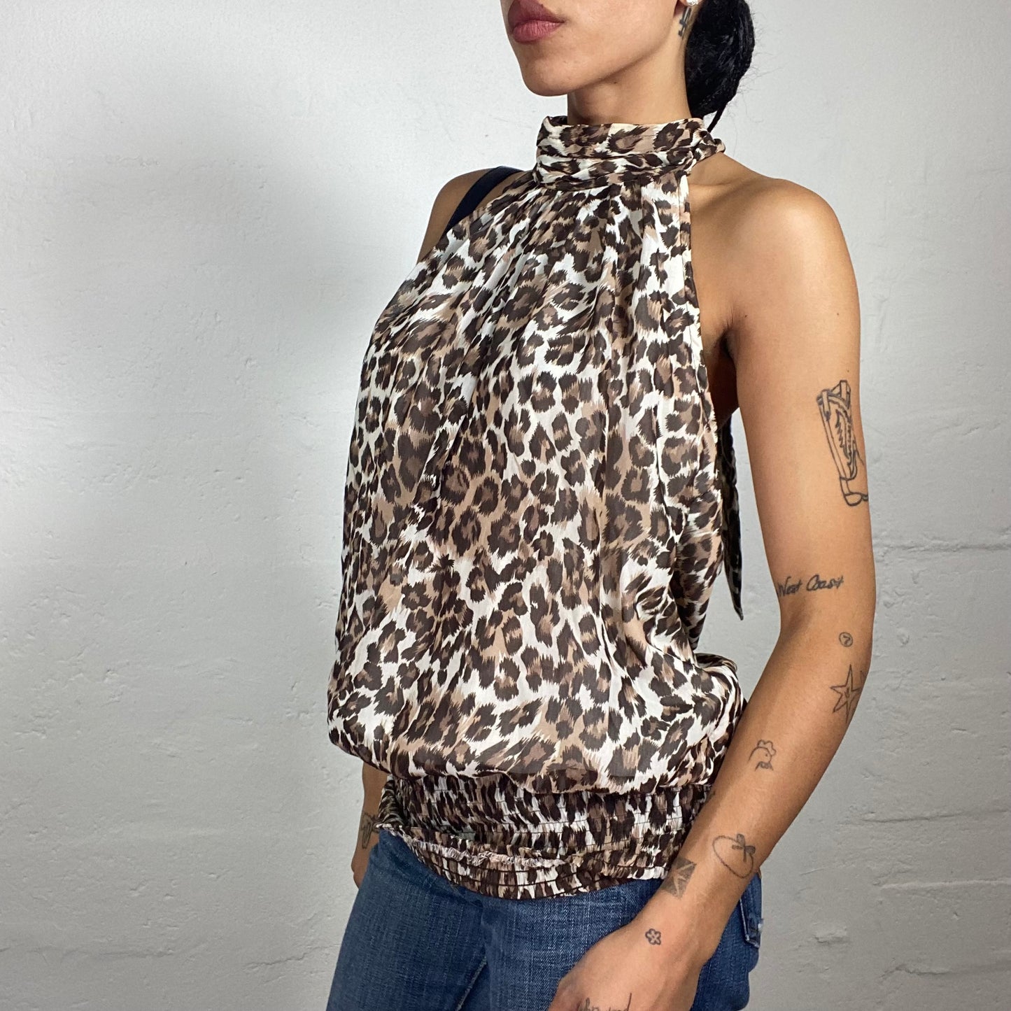 Vintage 2000's Chic Brown and Beige Toned Neckholder Chiffon Top with Leo Print (L/XL)