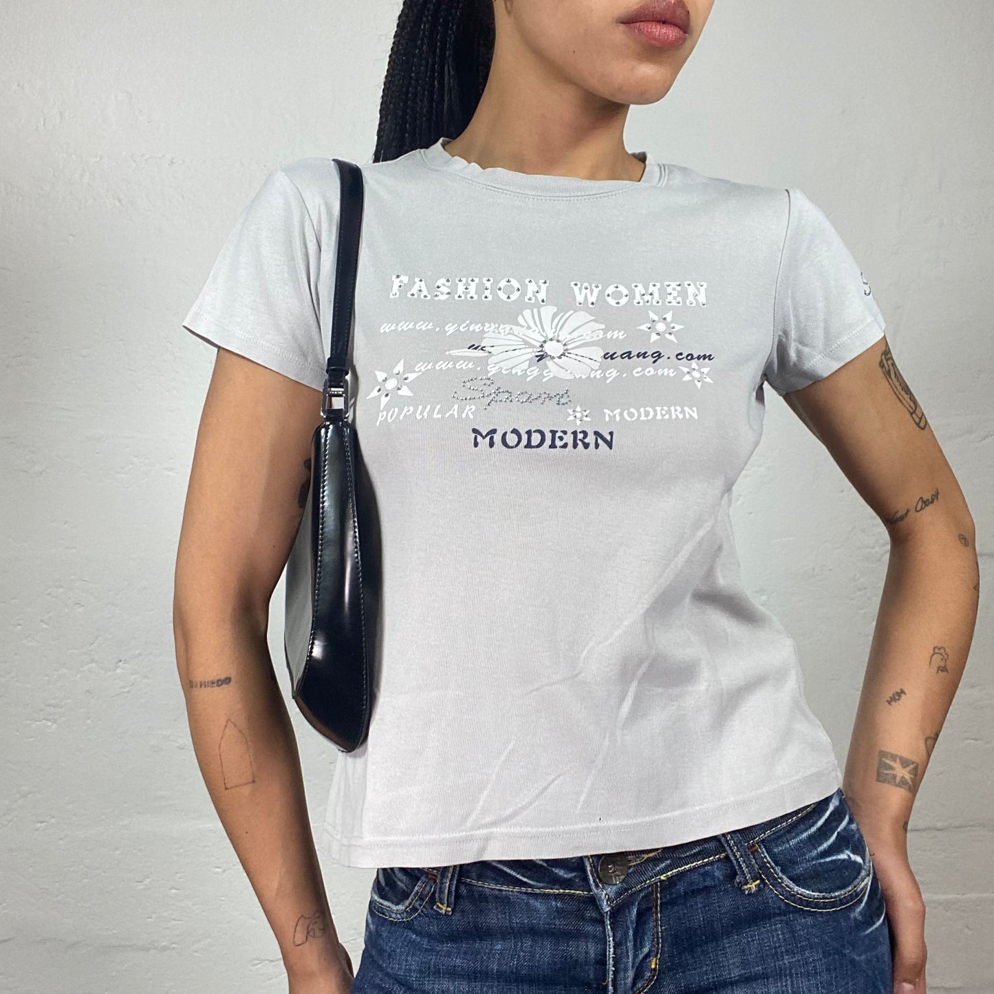 Vintage 2000's Downtown Girl Light Grey Baby Tee with White Typography Print Details (M/L)