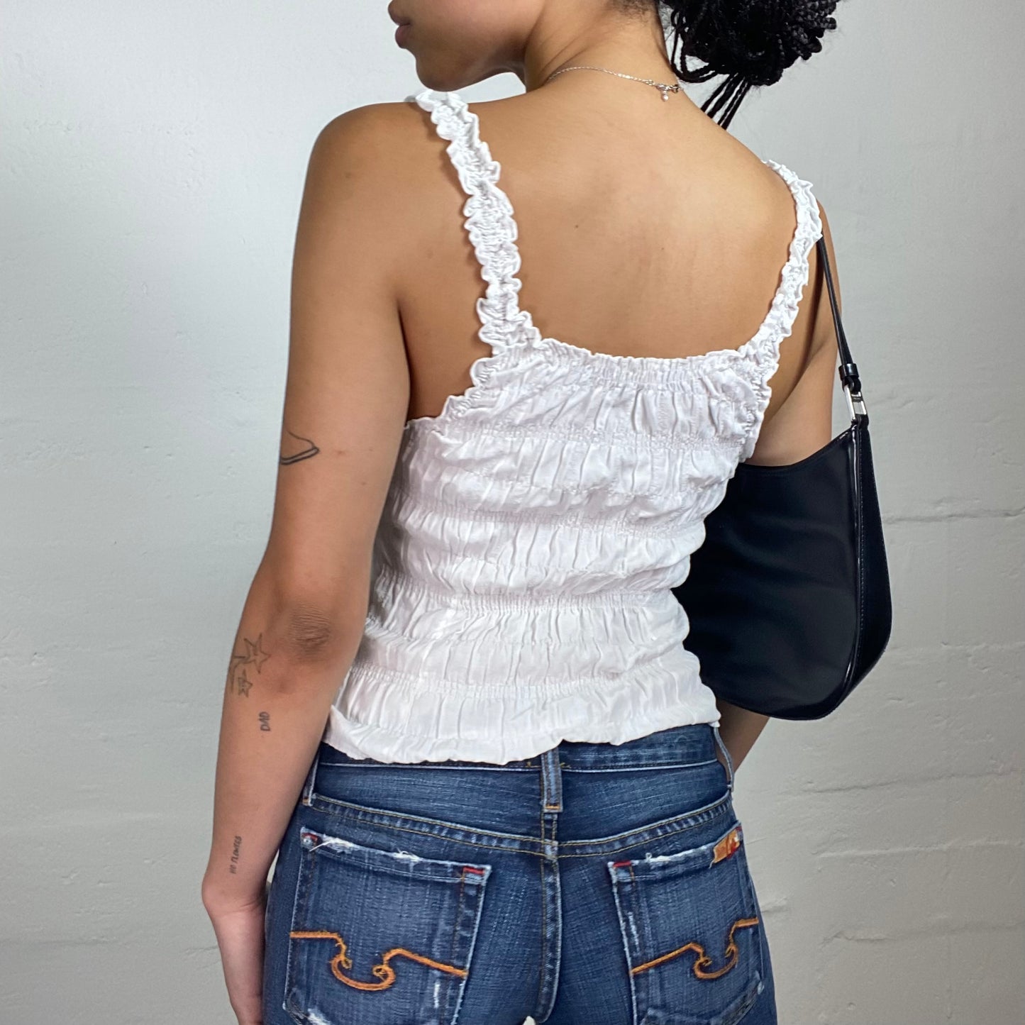 Vintage 2000's Soft Girl White Ruffled Pleated Lace Up Cami Top (S)