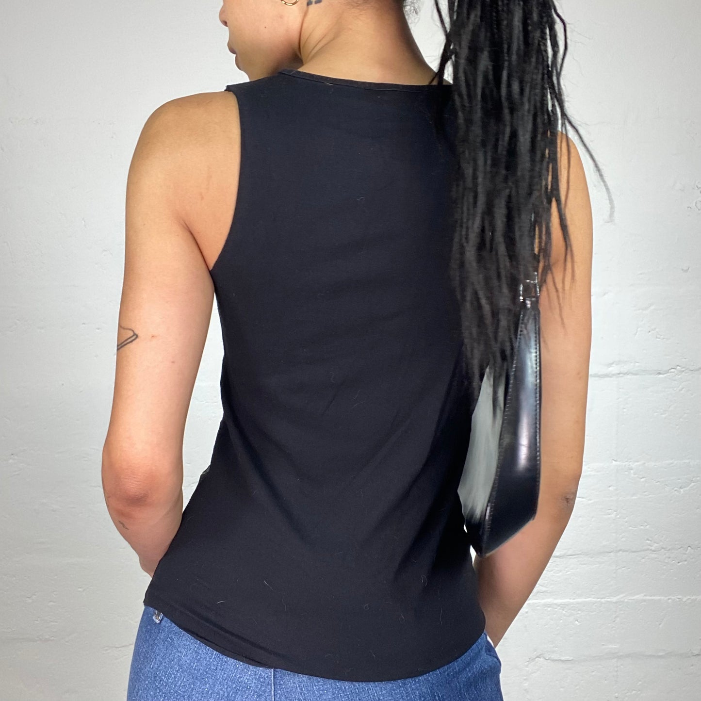 Vintage 2000's Morgan Downtown Girl Black Printed Draped Shoulders Top with Blue Shiny Details (S)