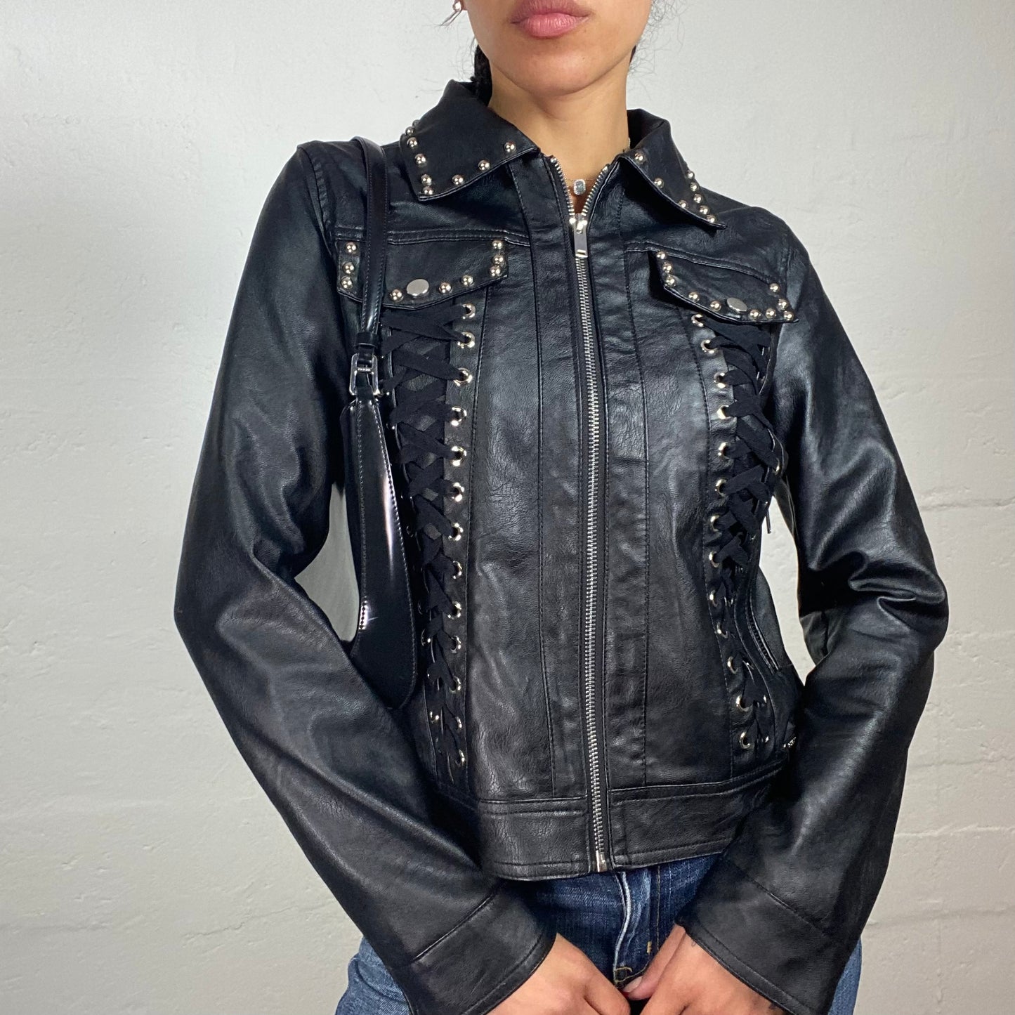 Vintage 2000's Guess Biker Girl Black Leather Zip Up Jacket with Lace Up Decorations and Metal Balls Embroidery (M)