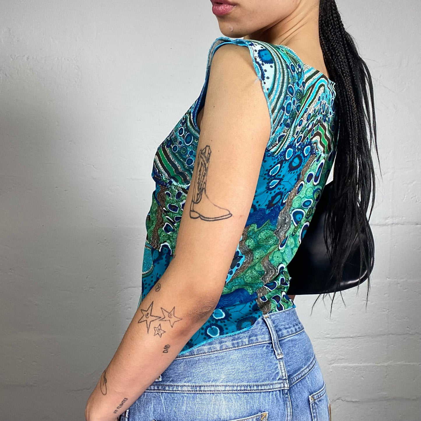 Vintage 2000's Casual Aquamarine Blue and Green Boho Print Chiffon Top with Metal Detail (M)