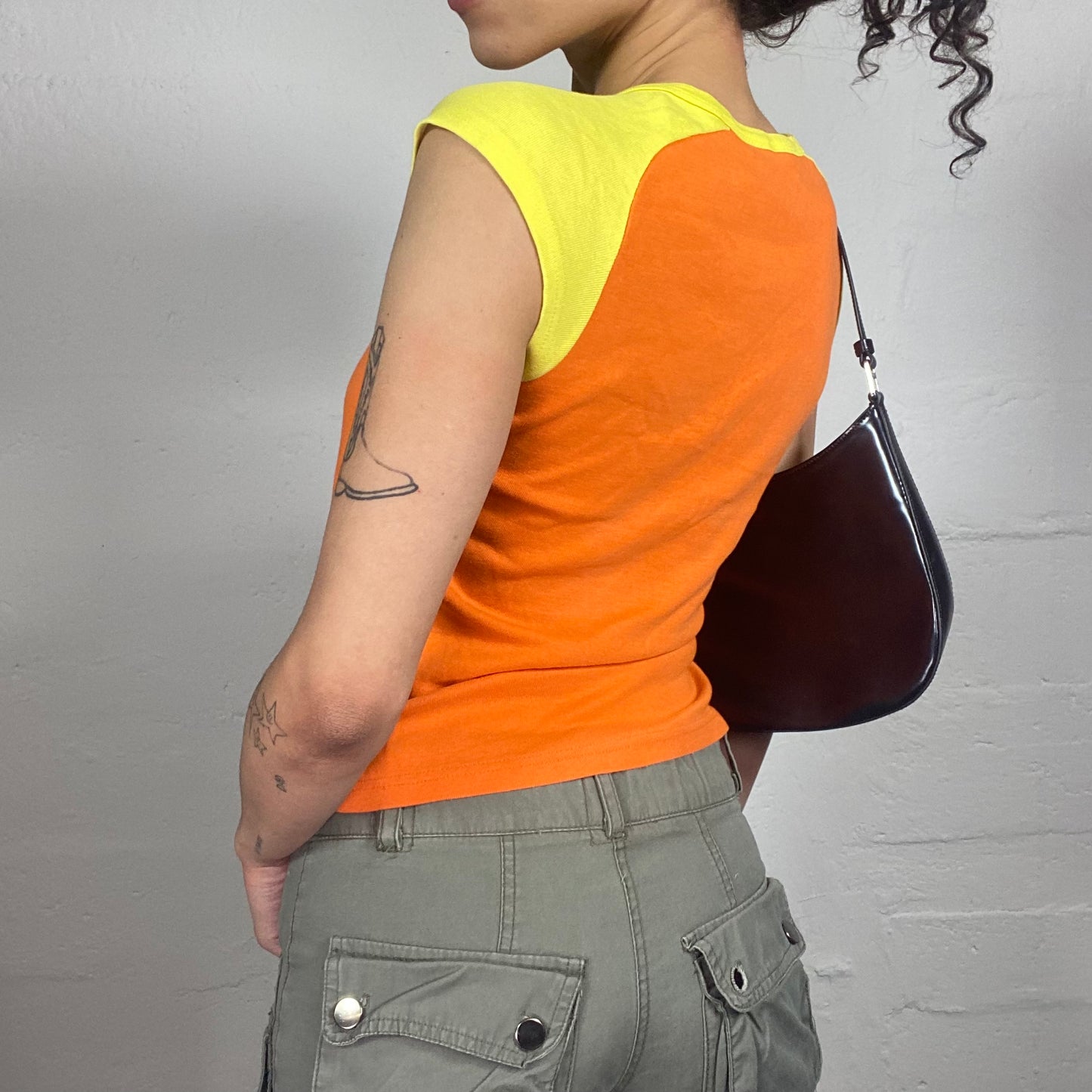 Vintage 2000's Sporty Summer Orange and Yellow Baby Tee with Side Stripes (S)