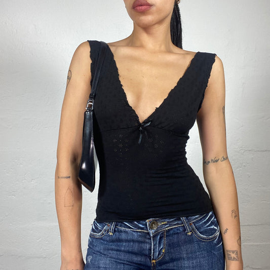 Vintage 2000's Dark Coquette Black Crochet V-Cut Top with Silky Ribbon Detail (S)