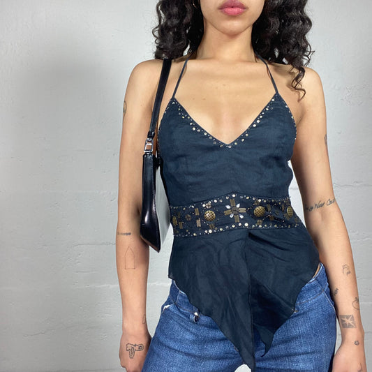 Vintage 2000's Asymmetric Neckholder Top with Sequins Embroidery (S)