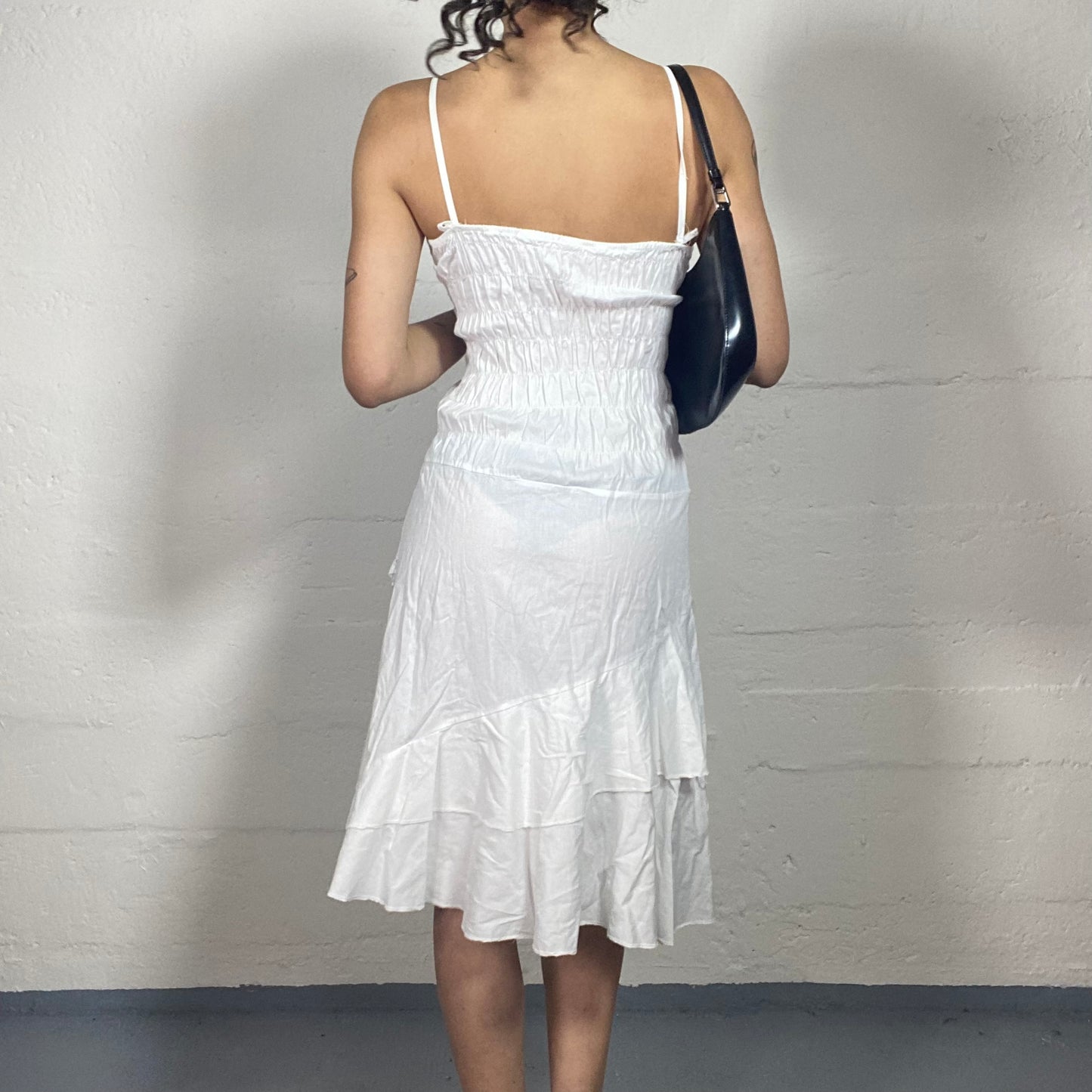 Vintage 2000's Coquette White Summer Layered Midi Cami Dress with Lace Up Front Detail (M)