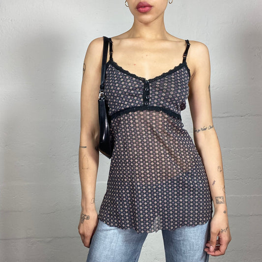 Vintage 2000's Romantic See Through Shiffon Printed Cami Top with Lace Trim (S)