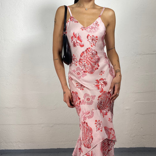 Vintage 2000's Romantic Pink Chiffon Maxi Layered Cami Dress with Red Floral Print (S)