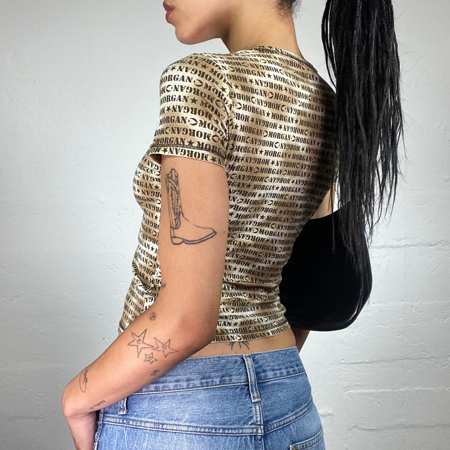 Vintage 2000's Morgan Downtown Girl Beige Toned Typography Printed V-Cut Tee (S)