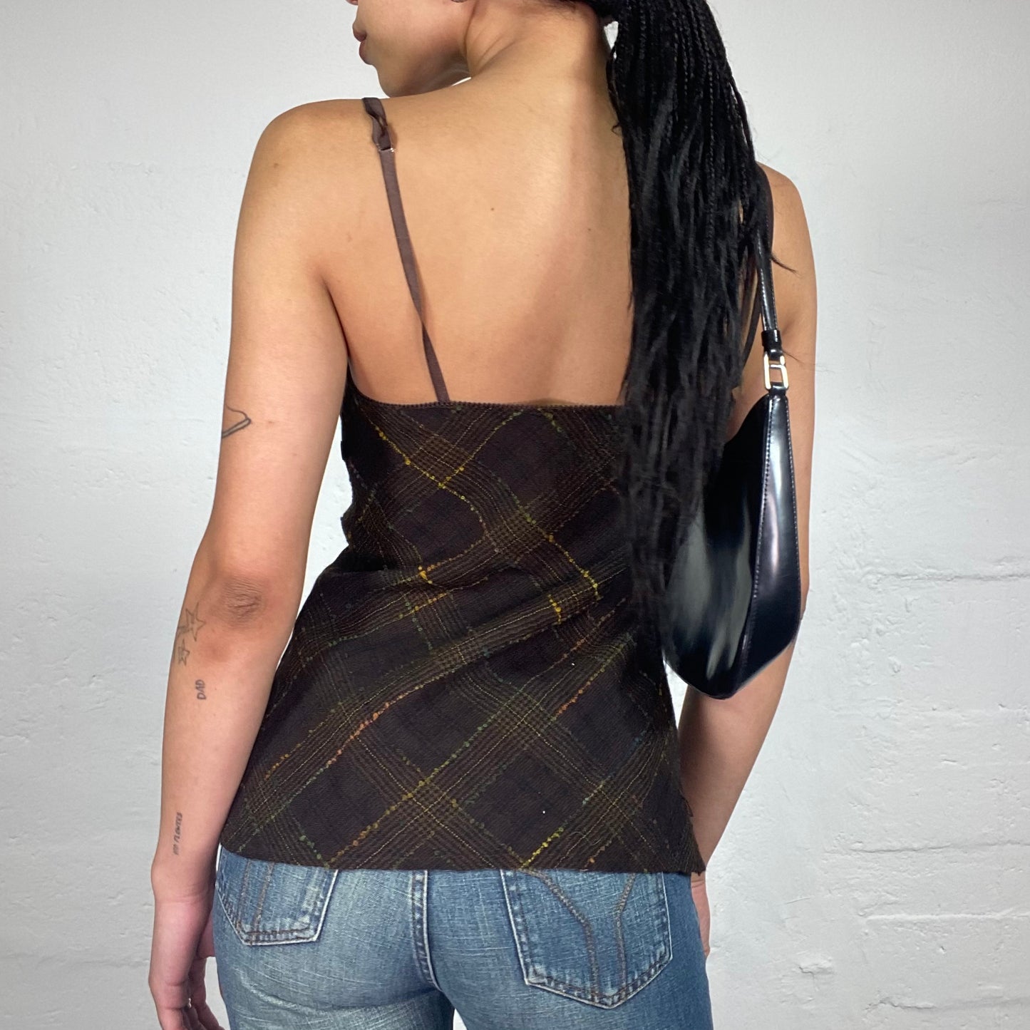 Vintage 2000's Soft Girl Brown Checkered Long Cami Top with Velour Ribbon Detail (S)