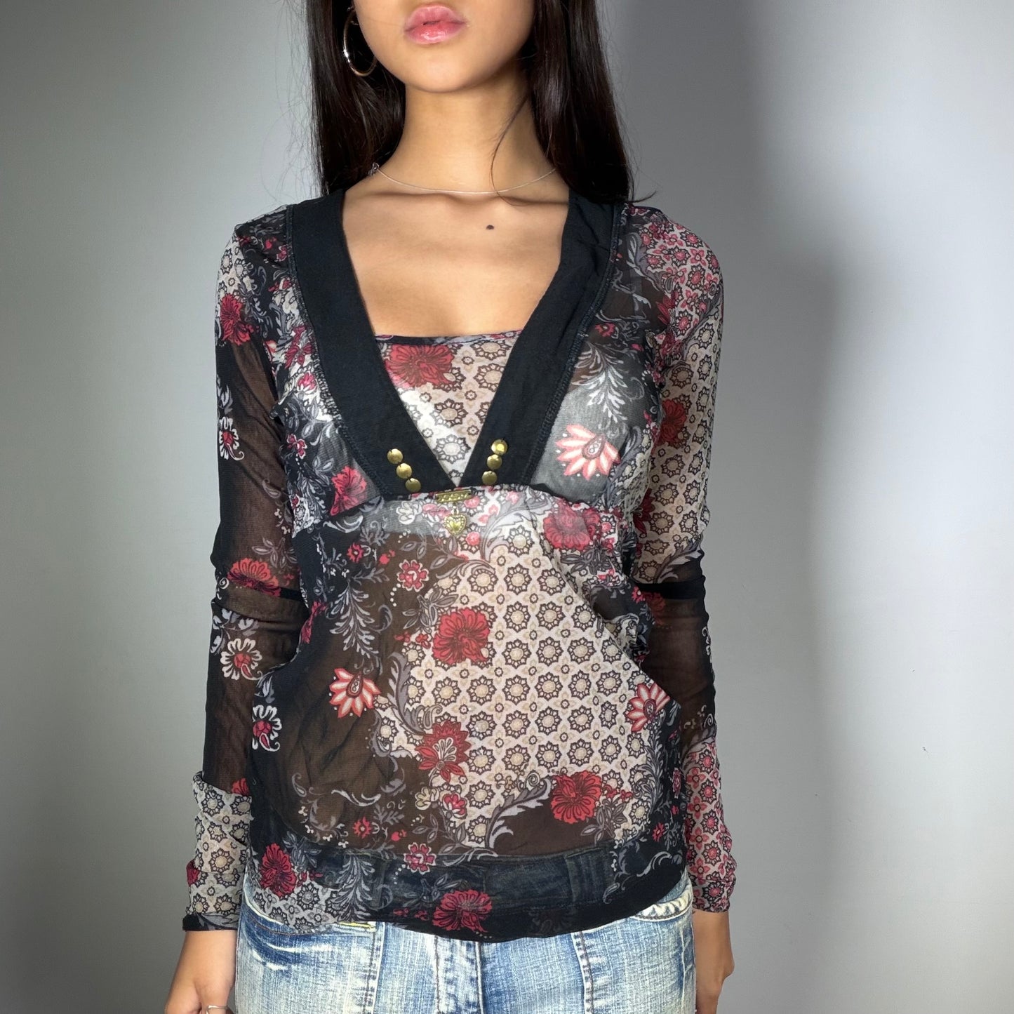 Vintage 90’s Archive Red Floral Mesh Top with Button Detail (S)