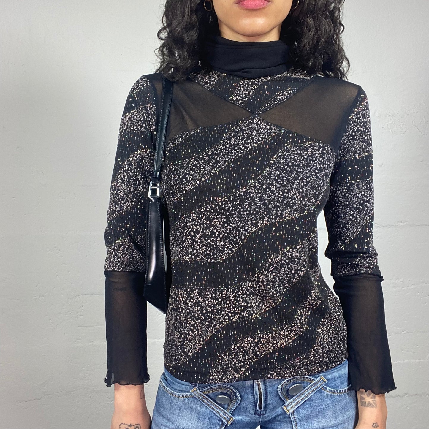 Vintage 2000's Rainy Saturday Black Shirt Jersey and Mesh Turtleneck Top with Sequins Embroidery (S)