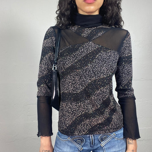 Vintage 2000's Rainy Saturday Black Shirt Jersey and Mesh Turtleneck Top with Sequins Embroidery (S)