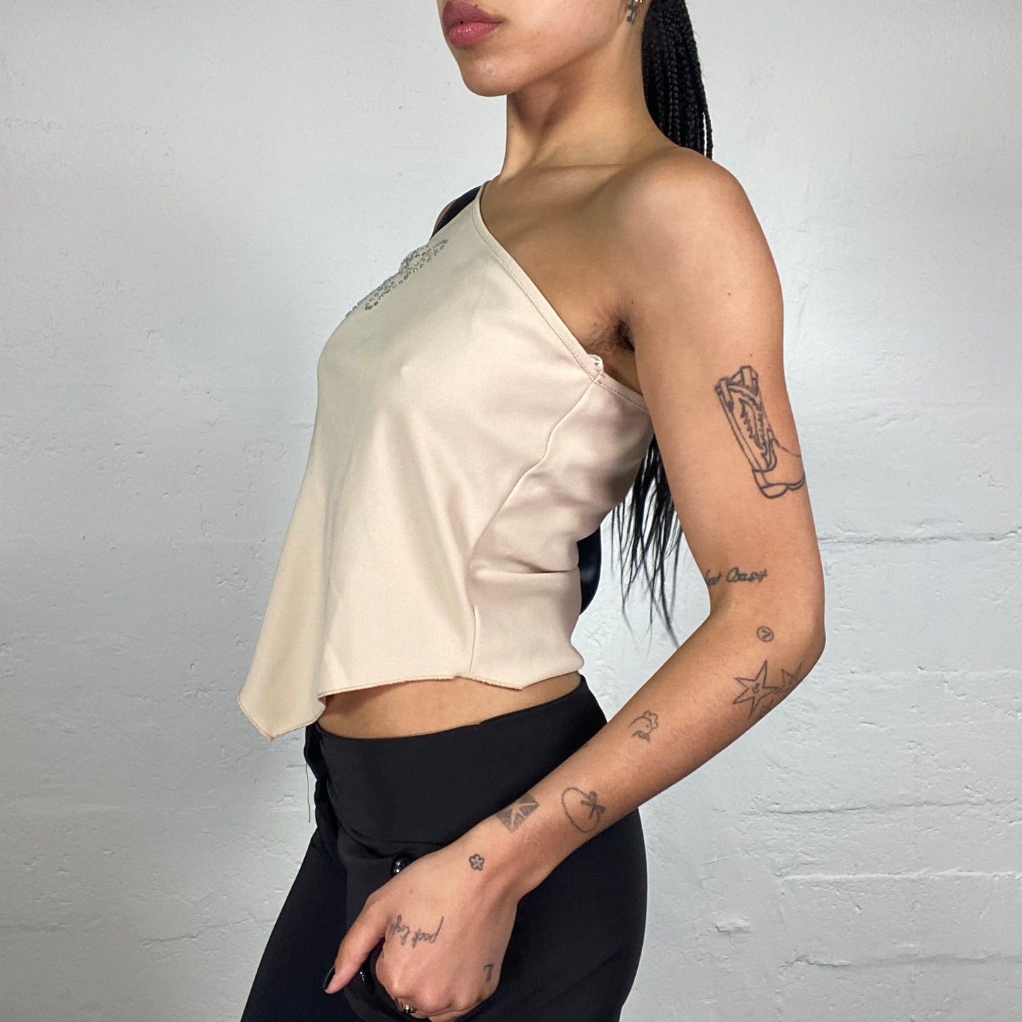 Vintage 2000's Morgan Downtown Girl One Shoulder Beige Asymmetric Cut Top with Rhinestones Butterfly Embroidery (S)
