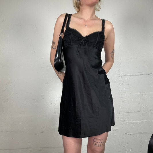 Vintage 2000's Romantic Chic Black Silky Mini Cami Dress with Ruffled Mesh and Ribbon Decorated Bra (XS)