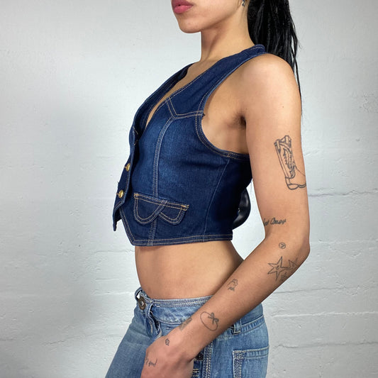 Vintage 2000's Downtown Girl Dark Blue Wash Out Effect Button Up Cropped Denim Vest (M)